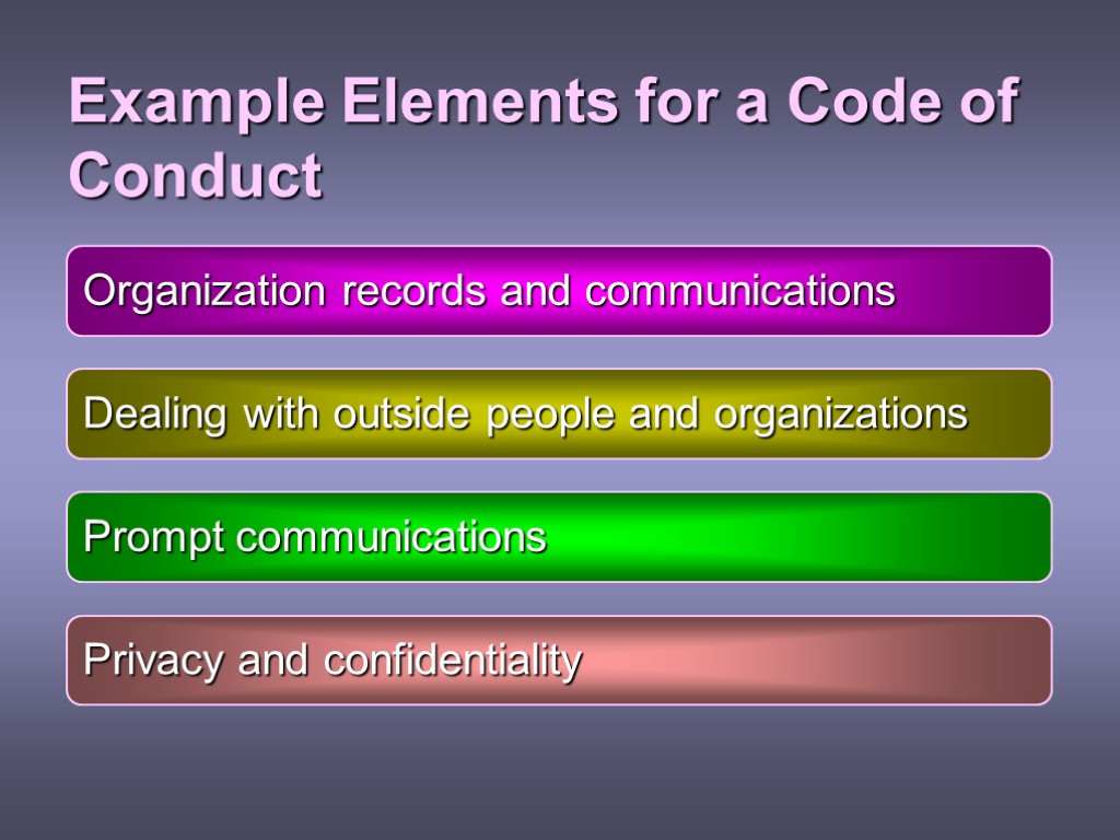 Example Elements for a Code of Conduct Organization records and communications Dealing with outside